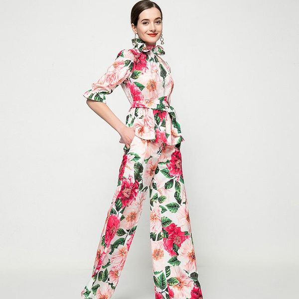 women designer big floral chiffon ruffles sashes blouses + wide leg full length long pants suit pink two piece outfits women's, White
women designer big floral chiffon ruffles sashes blouses + wide leg full length long pants suit pink two piece outfits women's, White