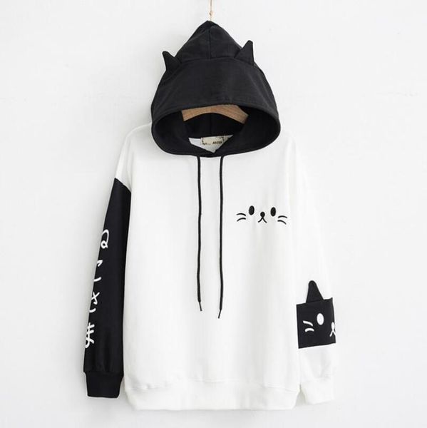 women's hoodies & sweatshirts 2021 women hooded autumn winter long sleeve hit color pullover femme cartoon cat embroidery harajuku p144, Black
women's hoodies & sweatshirts 2021 women hooded autumn winter long sleeve hit color pullover femme cartoon cat embroidery harajuku p144, Black