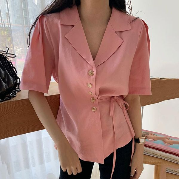 women's blouses & shirts korean style niche temperament suit collar single-breasted side tie waist short-sleeved shirt women, White
women's blouses & shirts korean style niche temperament suit collar single-breasted side tie waist short-sleeved shirt women, White