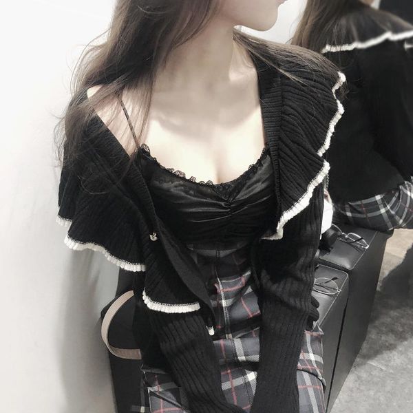 women's sweaters women cardigans sweater v-neck collar ruffles button office lady 2021 autumn winter female star private clothing with, White;black
women's sweaters women cardigans sweater v-neck collar ruffles button office lady 2021 autumn winter female star private clothing with, White;black