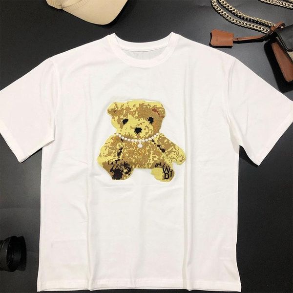 women's t-shirt 2021 summer short sleeve cotton with o neck embroidered necklace bear, White
women's t-shirt 2021 summer short sleeve cotton with o neck embroidered necklace bear, White