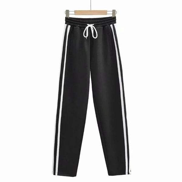 spring and autumn women's trousers elastic waist high white stripe side split leisure pants & capris, Black;white 
spring and autumn women's trousers elastic waist high white stripe side split leisure pants & capris, Black;white