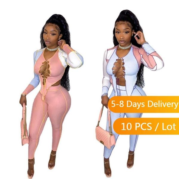 women's two piece pants wholesale clothes ribbed set women fall lace up crop pencil color patchwork bodycon matching sets by dhl, White
women's two piece pants wholesale clothes ribbed set women fall lace up crop pencil color patchwork bodycon matching sets by dhl, White