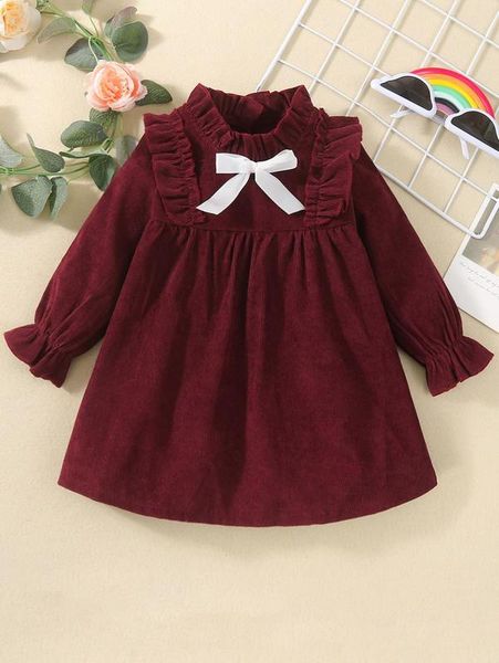 baby corduroy bow front ruffle trim babydoll dress she, Red;yellow 
baby corduroy bow front ruffle trim babydoll dress she, Red;yellow