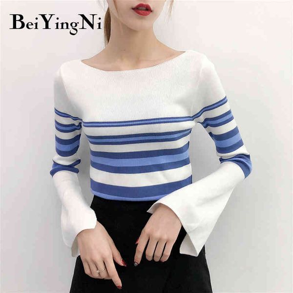 elegant slash neck knitted sweaters womens flare sleeve striped fashion autumn winter pullover female korean 210427, White;black
elegant slash neck knitted sweaters womens flare sleeve striped fashion autumn winter pullover female korean 210427, White;black