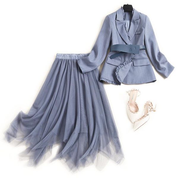 women's tracksuits 2021 autumn women ruffles notched collar blazer suit wide belt jacket and asymmetric mesh skirt two piece set outfit, Gray
women's tracksuits 2021 autumn women ruffles notched collar blazer suit wide belt jacket and asymmetric mesh skirt two piece set outfit, Gray