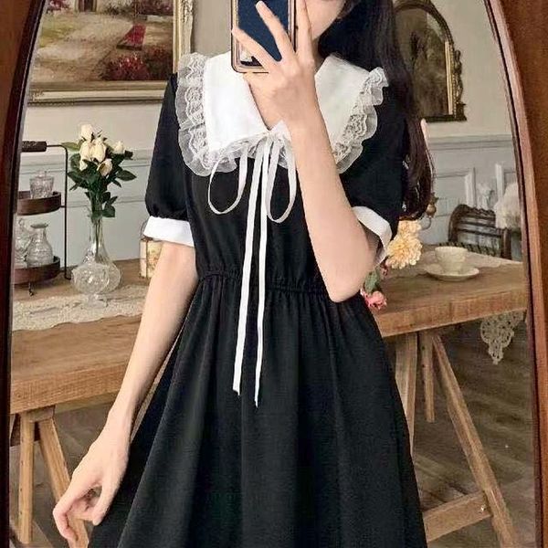 party dresses black vintage lolita dress women short sleeve gothic style korean fashion 2021 summer y2k midi female casual, White;black
party dresses black vintage lolita dress women short sleeve gothic style korean fashion 2021 summer y2k midi female casual, White;black