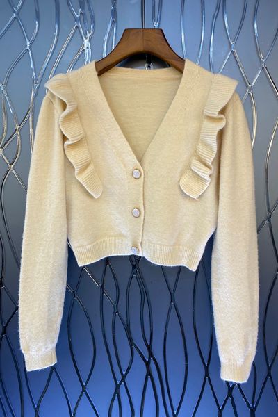 patchwork ruffled v-neck short sweater womens autumn european and american new sweet coat 9z, White
patchwork ruffled v-neck short sweater womens autumn european and american new sweet coat 9z, White