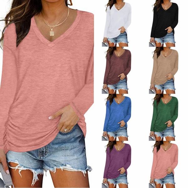 women's t-shirt v-neck solid color fashion ladies pleated long-sleeved women clothes vintage streetwear tees, White
women's t-shirt v-neck solid color fashion ladies pleated long-sleeved women clothes vintage streetwear tees, White
