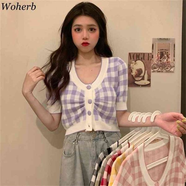 korean vintage knitwear t-shirt women short sleeve plaid v-neck crop single breasted elegant fashion ladies tee 210519, White
korean vintage knitwear t-shirt women short sleeve plaid v-neck crop single breasted elegant fashion ladies tee 210519, White