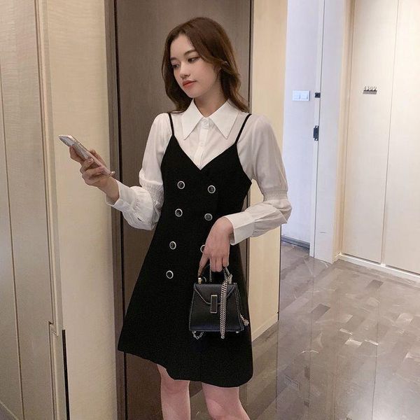 casual dresses women model two piece long sleeve shirt with sling vestido de mujer femme robe, Black;gray
casual dresses women model two piece long sleeve shirt with sling vestido de mujer femme robe, Black;gray