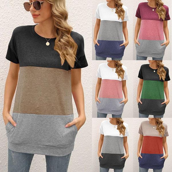 women's t-shirt 2021 spring and summer patchwork round neck loose bat short sleeve pocket three-color top, White
women's t-shirt 2021 spring and summer patchwork round neck loose bat short sleeve pocket three-color top, White