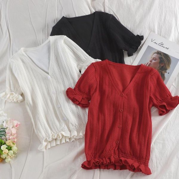 women's blouses & shirts women summer v-neck flare sleeve hollow out knitted ruffles basic shirt elegant short elastic slim cardigan bu, White
women's blouses & shirts women summer v-neck flare sleeve hollow out knitted ruffles basic shirt elegant short elastic slim cardigan bu, White