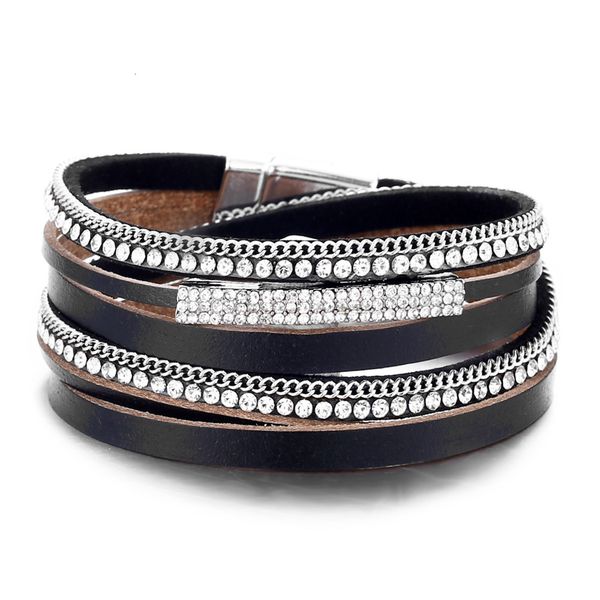 black men's leather bracelet creative single row diamond inlaid artificial leather magnetic clasp bracelet, Silver
black men's leather bracelet creative single row diamond inlaid artificial leather magnetic clasp bracelet, Silver