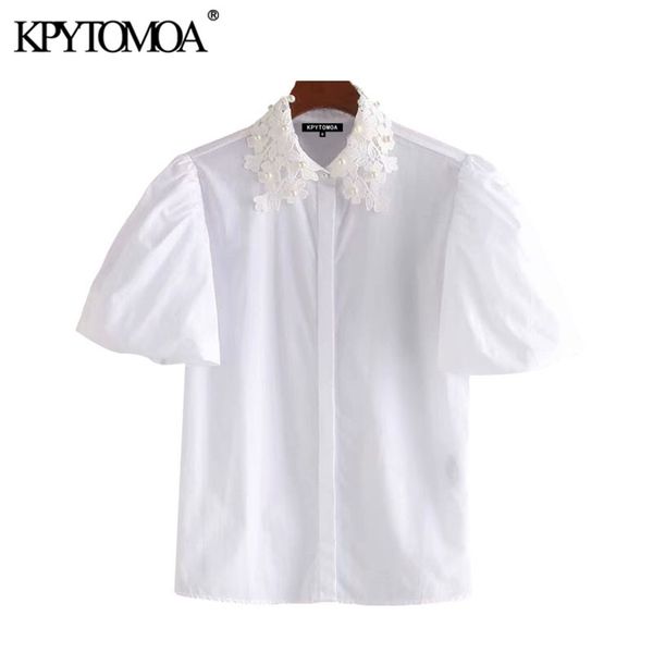 women sweet fashion pearl beading lace blouses vintage lapel collar puff sleeves female shirts blusas chic 210420, White 
women sweet fashion pearl beading lace blouses vintage lapel collar puff sleeves female shirts blusas chic 210420, White
