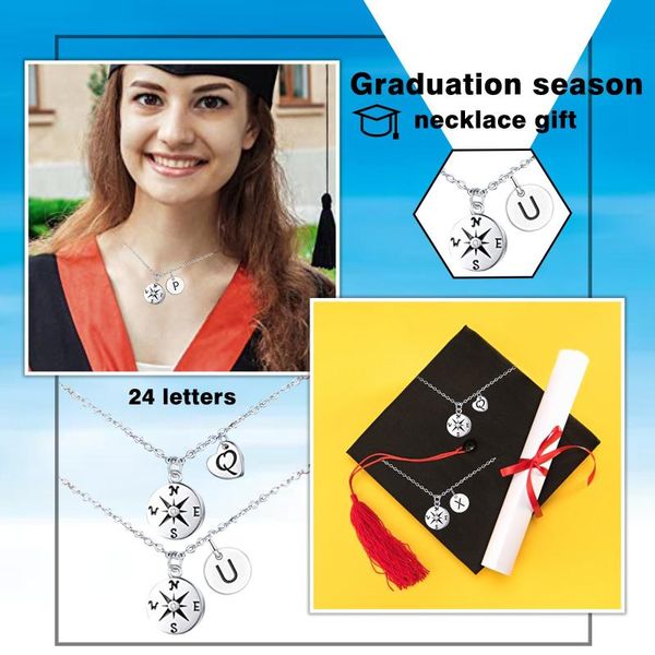 pendant necklaces stainless steel compass disc heart engraved 24 letters necklace 2021 graduation season gift 21629, Silver