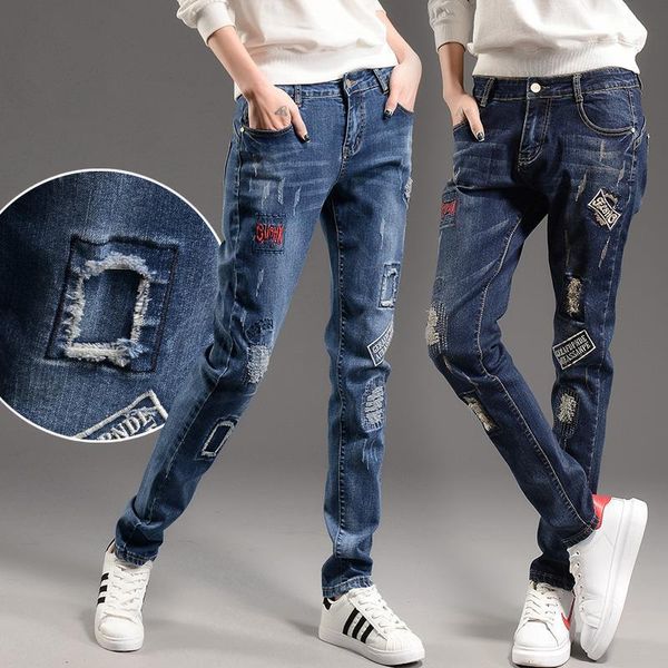women's jeans women embroidered badge ripped casual slim patch beggar trousers ladies long pants, Blue
women's jeans women embroidered badge ripped casual slim patch beggar trousers ladies long pants, Blue