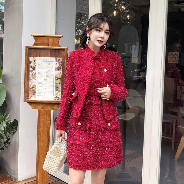 two piece dress women winter red tweed set luxury high-end ladies long sleeve jacket ol leisure beads weaving vest two-piece sets, White
two piece dress women winter red tweed set luxury high-end ladies long sleeve jacket ol leisure beads weaving vest two-piece sets, White