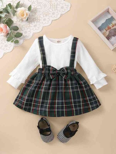 baby girl rib-knit bodysuit & plaid bow pinafore skirt she, Blue 
baby girl rib-knit bodysuit & plaid bow pinafore skirt she, Blue
