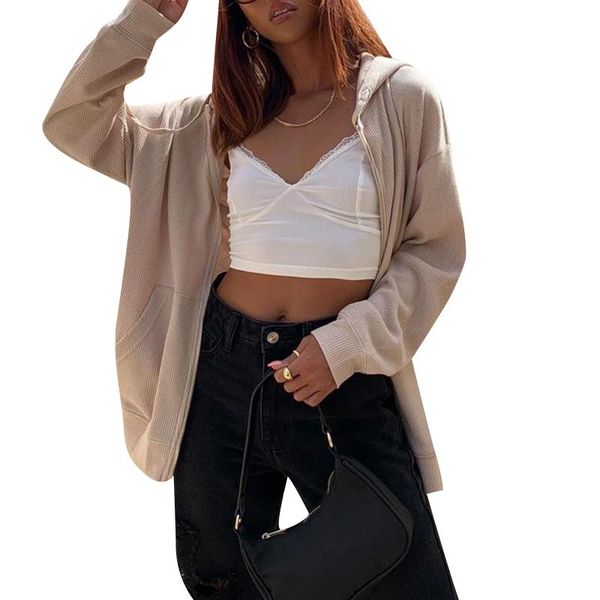 women's jackets spring and autumn casual zip up hoodie long sleeve solid color drawstring jacket with pockets, Black;brown
women's jackets spring and autumn casual zip up hoodie long sleeve solid color drawstring jacket with pockets, Black;brown