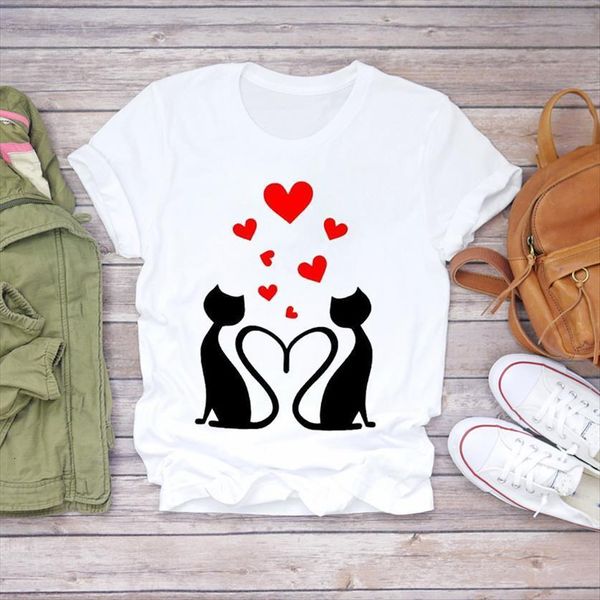 printing cartoon cat love women t shirts sweet valentine 90s print graphic female tee, White
printing cartoon cat love women t shirts sweet valentine 90s print graphic female tee, White