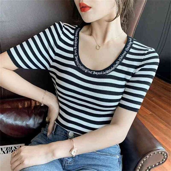 europe summer short sleeve embroidery knitting women casual slim o neck woman stripe t shirts woman tshirts 210507, White
europe summer short sleeve embroidery knitting women casual slim o neck woman stripe t shirts woman tshirts 210507, White
