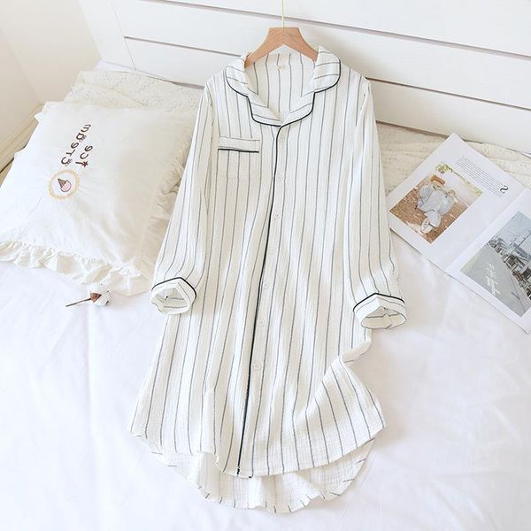 women's sleepwear stripe women cotton shirt nightgown turn-down collar knee-length nightdress summer loose full sleeve sleepshirt home, Black;red
