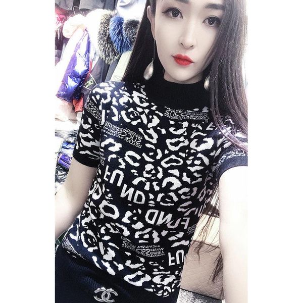 women's t-shirt spring half high collar leopard sweater short sleeve summer slim bottomed fashion, White
women's t-shirt spring half high collar leopard sweater short sleeve summer slim bottomed fashion, White