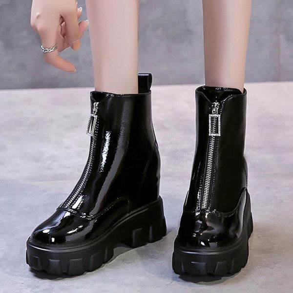 boots woman height increasing winter shoes drop patent leather front zipper women's ankle fashion chunky platform, Black
boots woman height increasing winter shoes drop patent leather front zipper women's ankle fashion chunky platform, Black
