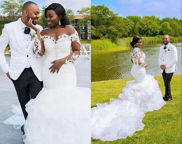 modest country mermaid wedding dresses tulle south african sheer neck illusion long sleeves ruffles organza bridal gowns, White
modest country mermaid wedding dresses tulle south african sheer neck illusion long sleeves ruffles organza bridal gowns, White