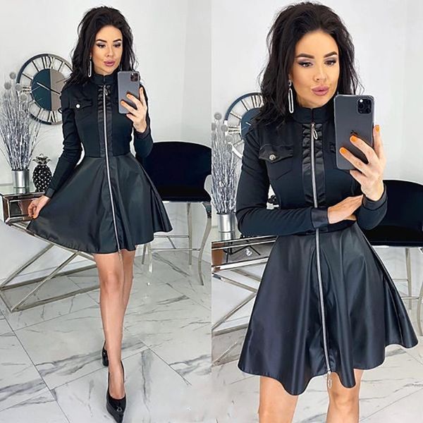 casual dresses selling autumn and winter long sleeve color matching pocket zipper leather dress, Black;gray
casual dresses selling autumn and winter long sleeve color matching pocket zipper leather dress, Black;gray