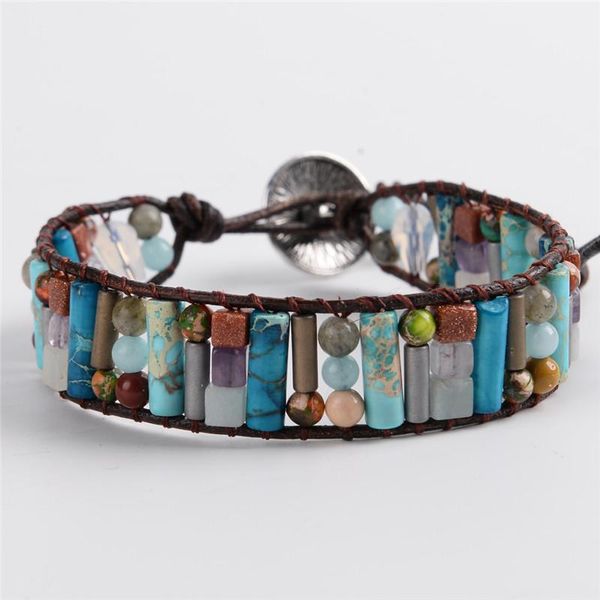 tennis women boho bracelet tube shape natural stone single leather wrap semi precious beaded drop, Golden;silver