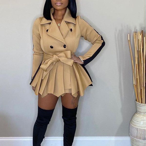 women's wool & blends autumn patchwork casual thick coat windbreaker women double breasted turn down collar long sleeve pleated hem ruf, Black 
women's wool & blends autumn patchwork casual thick coat windbreaker women double breasted turn down collar long sleeve pleated hem ruf, Black