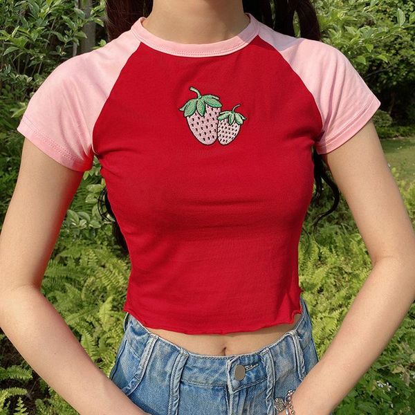 women's t-shirt patchwork camisole short crew neck skinny with printed strawberries, White
women's t-shirt patchwork camisole short crew neck skinny with printed strawberries, White