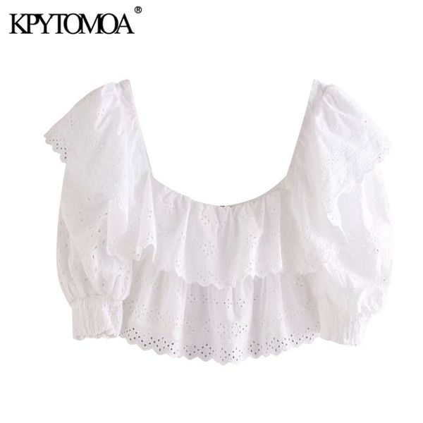 women fashion cutwork embroidery ruffles cropped blouses puff sleeve elastic trim female shirt chic 210420, White
women fashion cutwork embroidery ruffles cropped blouses puff sleeve elastic trim female shirt chic 210420, White