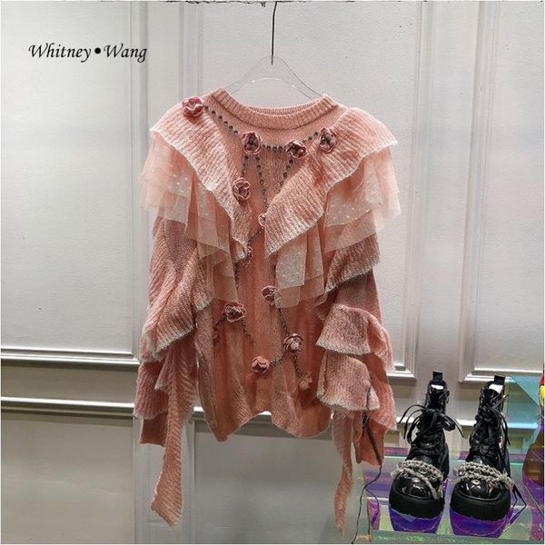 women's sweaters whitney wang 2021 autumn fashion streetwear diamonds 3d florals ruffles sweater women pullover, White;black
women's sweaters whitney wang 2021 autumn fashion streetwear diamonds 3d florals ruffles sweater women pullover, White;black