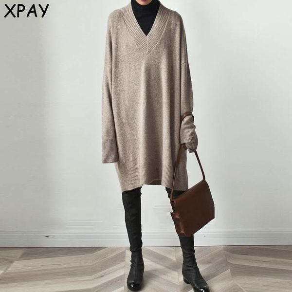 casual dresses one piece oversize midi dress women autumn winter sweater female vintage v-neck loose thicken pullover knit, Black;gray 
casual dresses one piece oversize midi dress women autumn winter sweater female vintage v-neck loose thicken pullover knit, Black;gray
