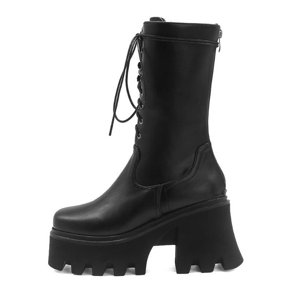 boots 2021 winter women half chunky heels square head lace up fashion black brown back zipper woman shoes plus size 42 43 44