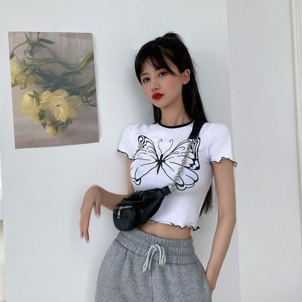women's t-shirt cotton 2021 summer european and american small female student high waist thin navel butterfly print top, White
women's t-shirt cotton 2021 summer european and american small female student high waist thin navel butterfly print top, White