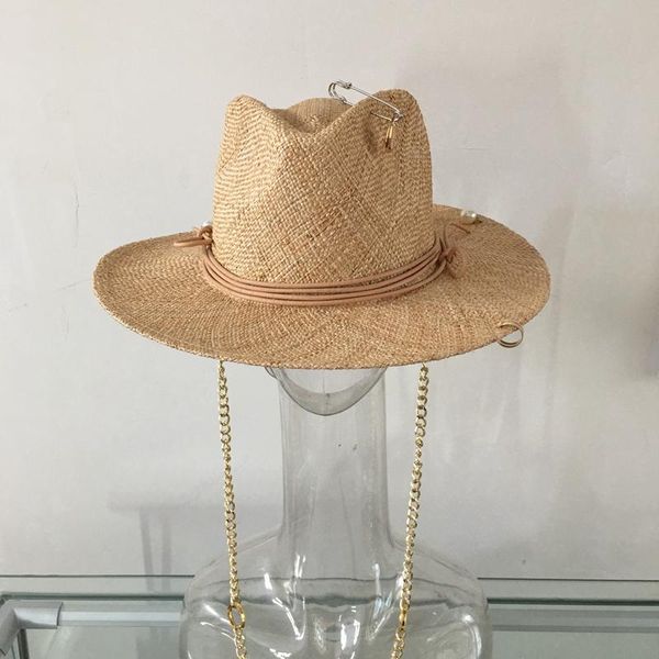 wide brim hats 2021 arrival summer raffia sunhat for women with chain and pin straw panama hat fedora, Blue;gray
wide brim hats 2021 arrival summer raffia sunhat for women with chain and pin straw panama hat fedora, Blue;gray