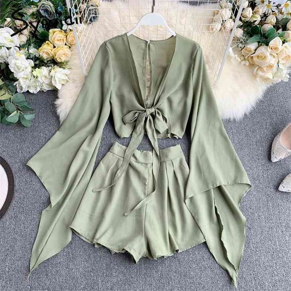 2 piece set women summer beach flare sleeve hollow out deep v neck lace up chiffon blouses back elastic mini skirt 210607, White
2 piece set women summer beach flare sleeve hollow out deep v neck lace up chiffon blouses back elastic mini skirt 210607, White