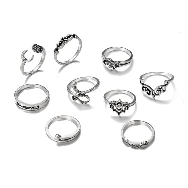 53607 antique silver carving ring set snake moon 9-piece set overlapping joint ring
53607 antique silver carving ring set snake moon 9-piece set overlapping joint ring