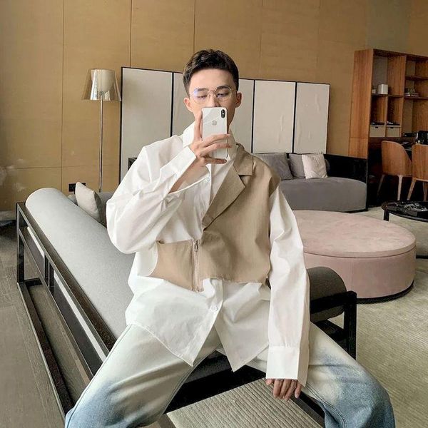 men's casual shirts shirt fake two pieces long sleeve stitch suit irregular vest blouse korean high street cardigan goth punk clo, White;black
men's casual shirts shirt fake two pieces long sleeve stitch suit irregular vest blouse korean high street cardigan goth punk clo, White;black