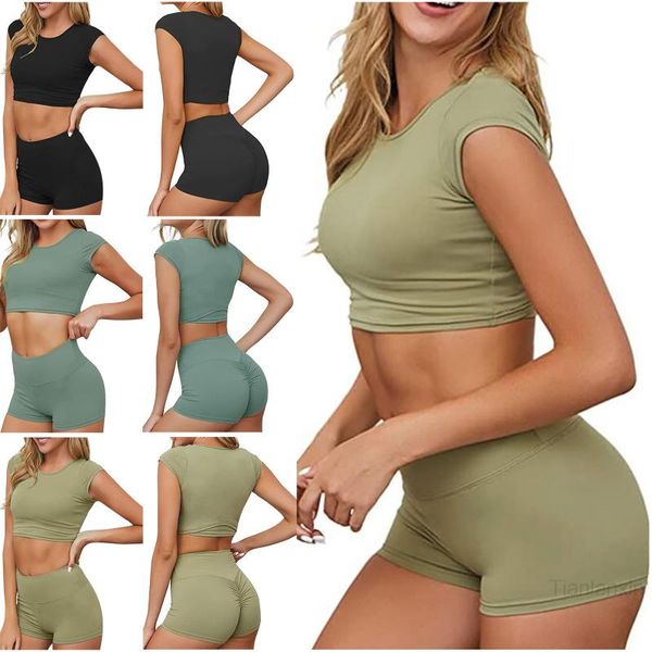 solid fashion womens vest set elastic yoga suit sets waist high stretch sports fitness brea outfit