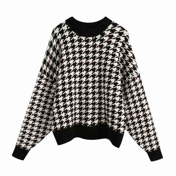 women houndstooth knitting loose sweater casual femme o-neck long sleeve pullover high street lady sw898 210430, White;black
women houndstooth knitting loose sweater casual femme o-neck long sleeve pullover high street lady sw898 210430, White;black