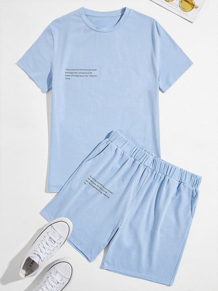 men slogan graphic tee & track shorts v9hq#, Gray