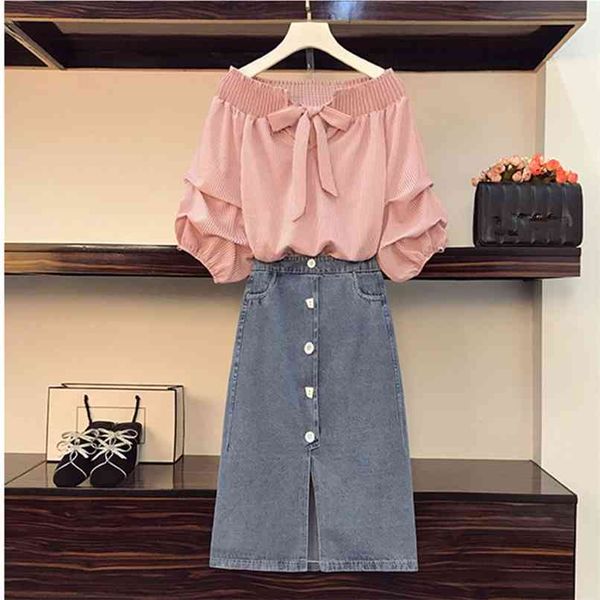 shirt 2 piece set summer bow tie off shoulder puff sleeve blouse and elastic waist button split denim skirt suits female 210602, White
shirt 2 piece set summer bow tie off shoulder puff sleeve blouse and elastic waist button split denim skirt suits female 210602, White