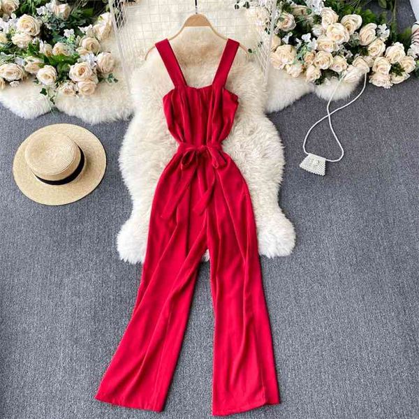 summer sling jumpsuit women's simple solid color lace-up waist and thin fashionable wide-leg pants gk572 210507, Black;white 
summer sling jumpsuit women's simple solid color lace-up waist and thin fashionable wide-leg pants gk572 210507, Black;white