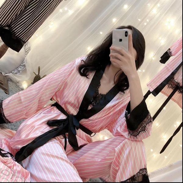 pink pajamas 6 pieces sets womens sleepwears emulation satin silk print striped autumn female sleepwear home suit, Black;red
pink pajamas 6 pieces sets womens sleepwears emulation satin silk print striped autumn female sleepwear home suit, Black;red