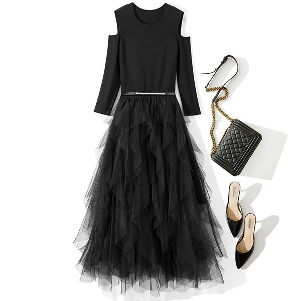 2021 fall autumn off shoulder round neck black pure color knitted tulle panelled beaded belted mid-calf dress elegant casual dresses 21g1349, Black;gray
2021 fall autumn off shoulder round neck black pure color knitted tulle panelled beaded belted mid-calf dress elegant casual dresses 21g1349, Black;gray